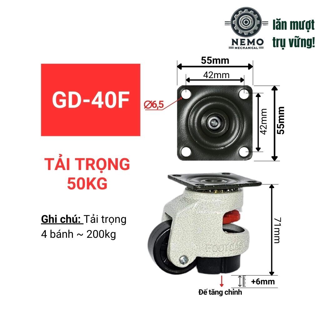 Bánh xe liền chân tăng chỉnh độ cao/thấp cho thiết bị y tế, bàn máy, tủ điện, tải trọng 50-750kg
